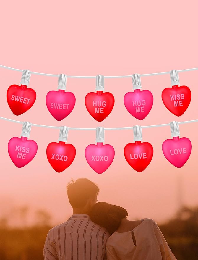 10.5ft Heart String Lights with 10 LED Red & Pink Hearts, Messages: KISS ME/Love. Connectable, Waterproof | Lumora