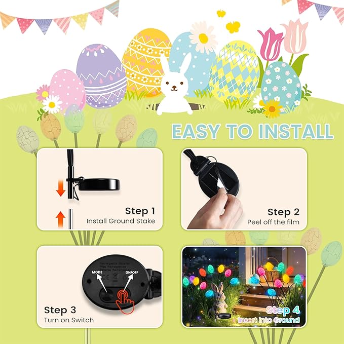 OZS 4 Pack Solar Easter Egg Lights, Colorful Garden Swaying Firefly Lights Outdoor, 24 Led Waterproof Solar Stake Lights for Lawn Trails, landscaped Yards, Porches and Patio Easter Decorations