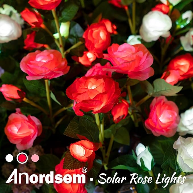 Anordsem Solar Garden Lights Outdoor: 10 Artificial Fabric Red Roses Flowers 2 Pack- LED Flower Decorations for Cemetery Grave Pathway Yard- Birthday Gifts for Women, Wife and Mother
