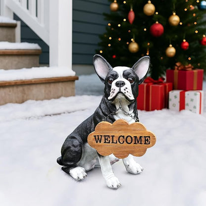 Outdoor Boston Terrier Dog Statue with Interchangeable Welcome Sign and Detachable Solar Lantern –LED Light Garden Dog Sculpture Décor, Cute Puppy Design for Yard, Porch, Gift