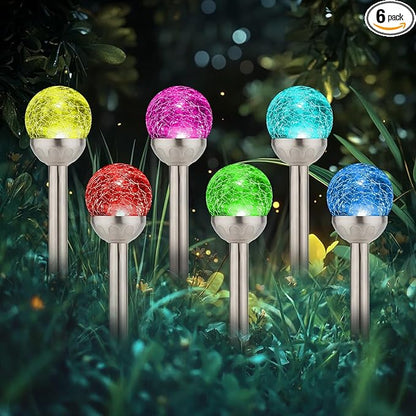 Solar Lights Outdoor, 6 Pack LED Color Changing, Stainless Steel, IP66 Waterproof, Crystal Cracked Glass Solar Garden Lights, Christmas Lights Outdoor for Landscape, Yard, Walkway, Pathway, Multicolor