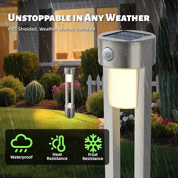 Solar Bollard Lights Outdoor Stainless Steel Pathlight Security Light Motion-Sensor Security Light Metal 2Pack