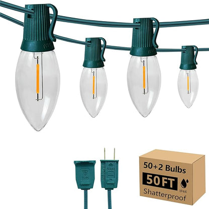 C9 Clear Christmas String Lights, 50FT 52 Bulbs Bright & Warm Outdoor Christmas Lights, Outdoor Indoor Xmas Roofline Backyard Garden Patio Home Holiday Decor, Waterproof Extendable Green Wire