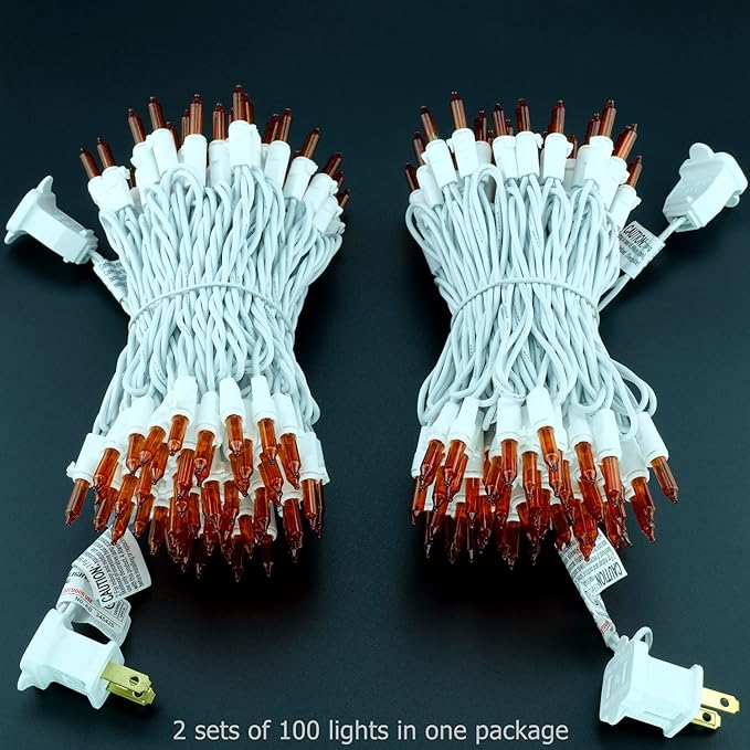 YULETIME 200 Orange Christmas Lights, Pack of 2 Sets 33 Feet 100 Count UL Certified Incandescent String Lights (Orange - White Wire)