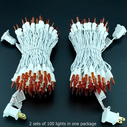 YULETIME 200 Orange Christmas Lights, Pack of 2 Sets 33 Feet 100 Count UL Certified Incandescent String Lights (Orange - White Wire)