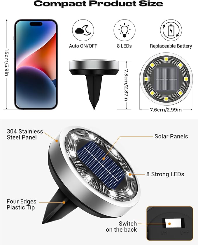 btfarm 24 Pack Solar Lights Outdoor, 8 LED Solar Ground Lights IP65 Waterproof Flat Solar Disc Light, Pathway | Lumora