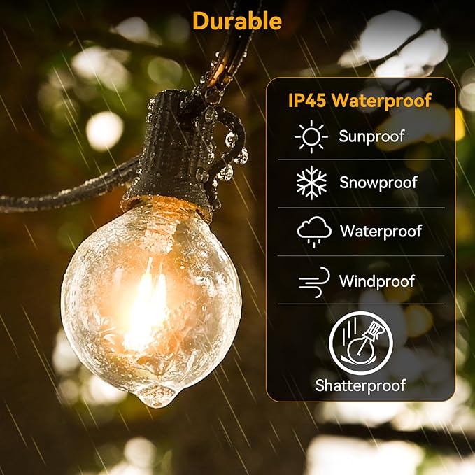 100ft Outdoor String Lights Waterproof/Connectable/Dimmable with 52 LED Shatterproof Bulbs,2-Pack 50ft UL Listed | Lumora