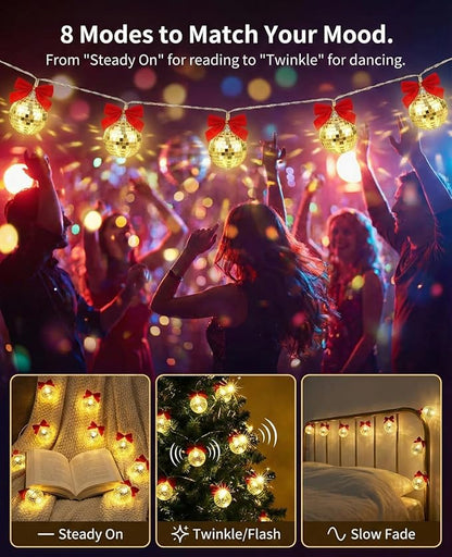 AceList Disco Ball String Lights with Removable Red Bows, 20 LED 1.6" Large Mirror Balls, 8 Modes Waterproof Battery Box/USB Fairy Lights for Christmas Tree, 70s Party, Bedroom, Outdoor Camping