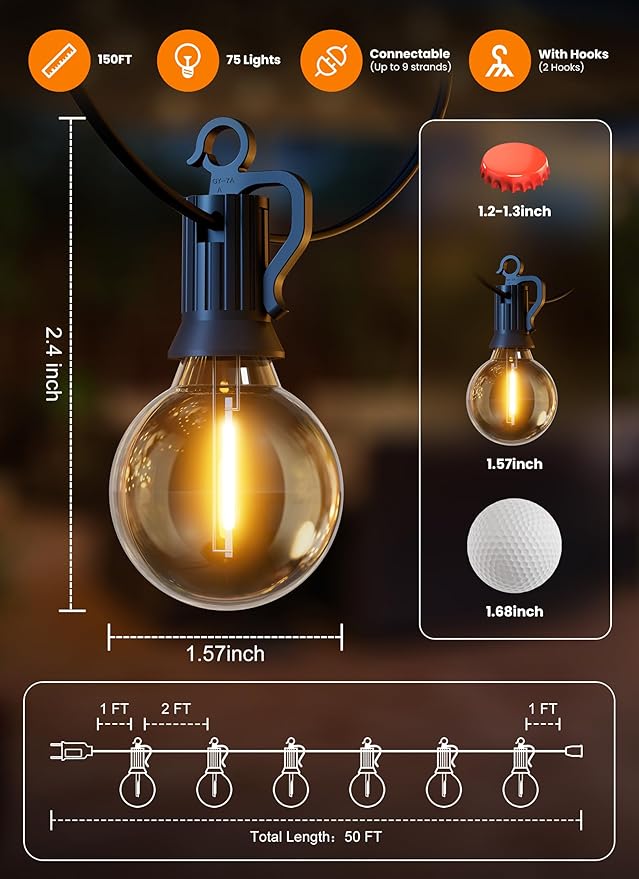 Outdoor String Patio Lights, 150FT 75 LED Patio Lights Waterproof, Connectable Shatterproof Hanging Outside String | Lumora
