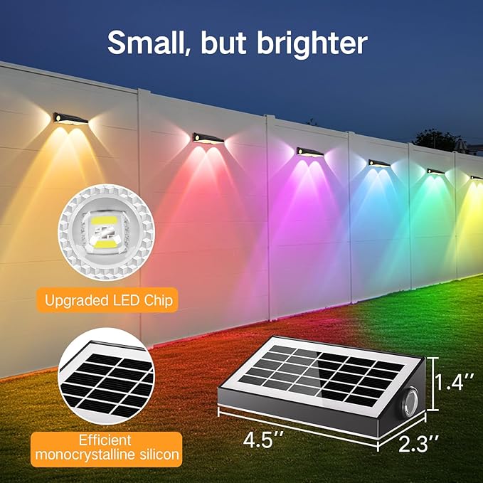 OUTON Solar Fence Lights Outdoor 12 Pack, 10 RGBCW Lighting Modes LED Deck Lights, 3-Way 70LM Dusk to Dawn Solar Powered Wall Light, IP65 Waterproof Step Light for Fence Garden Backyard Gutter Patio