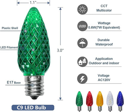 C9 LED Christmas Lights Outdoor 50FT with 50 Pcs(+2 Spare) C9 E17 Base Color Holiday Decor Bulbs for Indoor & Outdoor Use, Connectable, Weatherproof for Roof Decoration.