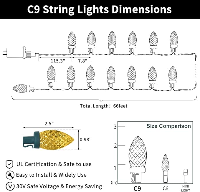ZAIYW C9 Christmas Lights String, 66ft 100 LED Strawberry String Lights UL Plug C9 String Lights Green Wire | Lumora