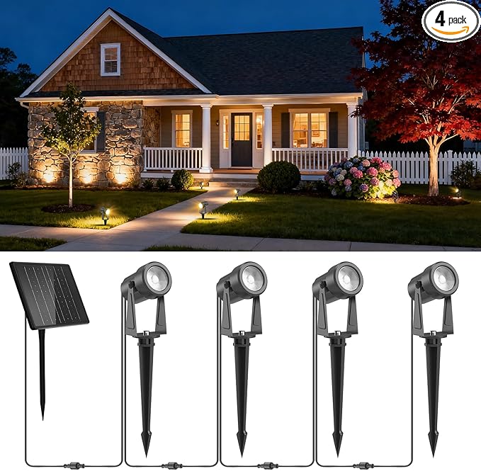 ZYAN Solar Landscape Spotlights, Separate Monocrystalline Panels & USB-C Powered 5400mAh All-Night Auto On Off Dusk to Dawn, Outdoor IP65 Waterproof, Warm White for Yard Pathway Patio (4 Pack)