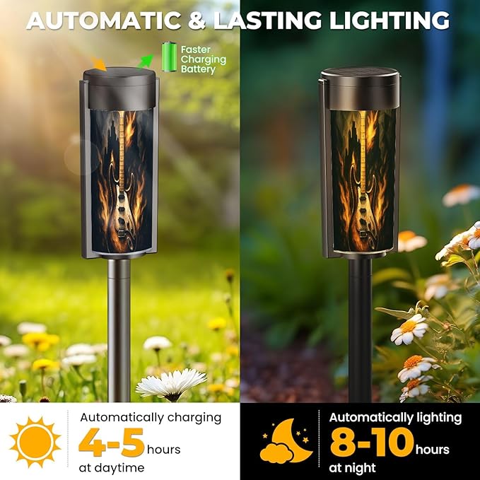 4 Pack Solar Pathway Lights Outdoor Waterproof Guitar City Beautiful Picture gitital Art Solar Garden Lights LED Landscape Lighting for Yard Walkway Lawn Garden Decor