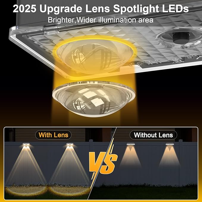 Solar Fence Lights Outdoor 8 Pack, Stainless Steel & IP65 Waterproof, 8 Lighting Modes High Brightness LED Spot Lens Deck Lights Dusk to Dawn for Backyard Stair Railing Patio Wall