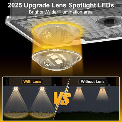Solar Fence Lights Outdoor 8 Pack, Stainless Steel & IP65 Waterproof, 8 Lighting Modes High Brightness LED Spot Lens Deck Lights Dusk to Dawn for Backyard Stair Railing Patio Wall