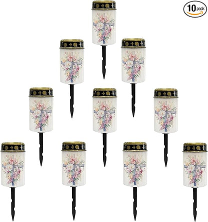 Cemetery Solar Lights for Grave,Cross Floral Pink Garden Solar Lights Waterproof Solar Powered Stake Lights Pathway Lights Outdoor Flameless Warm White Lantern Yard Spotlights LED Lantern