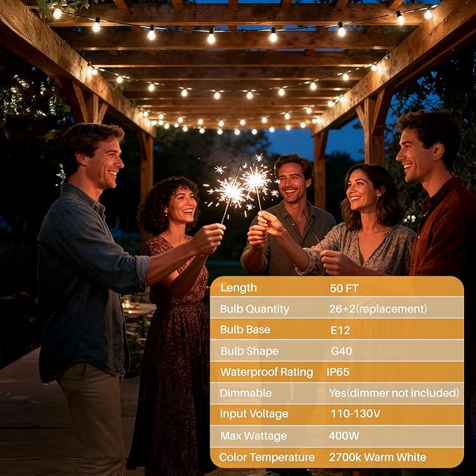 50 FT Outdoor String Lights G40 Globe Shatterproof Patio Lights,26 Plastic Edison Bulbs(2 Spare) IP65 Waterproof Dimmable LED Bulbs for Backyard Porch Balcony Party Decor, E12 Base, 2700K