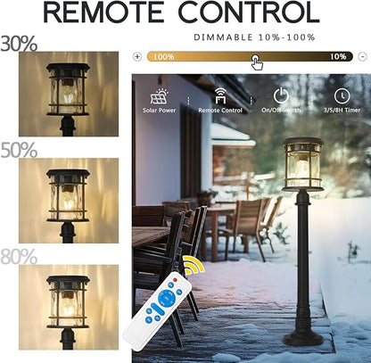 Emliviar Outdoor 28“ Solar Powered Floor Lamp for Patios, Portable Cordless Solar Pathway Light Outside with Water Ripple Glass, Black LED Post Lantern 2700K for Yard, Balcony, XE229PL-S SL BK