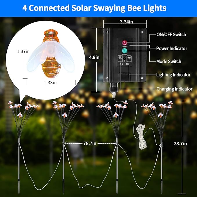 Solar Garden Lights 4 Pack, 40 Led Bee Lights 8 Lighting Modes with Remote, Firefly Lights Waterproof, Sway by Wind, Solar Outdoor Lights for Patio Walkway Pathway Backyard Lawn Flower Bed Decoration