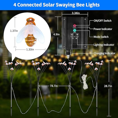 Solar Garden Lights 4 Pack, 40 Led Bee Lights 8 Lighting Modes with Remote, Firefly Lights Waterproof, Sway by Wind, Solar Outdoor Lights for Patio Walkway Pathway Backyard Lawn Flower Bed Decoration