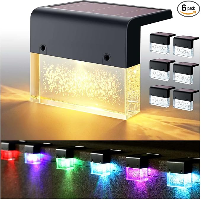DenicMic Solar Deck Lights 3000K Warm White/Color Changing Outdoor Fence Solar Lights for Step, Railing, Wall, Pool Side LED Waterproof Patio Decor 6 Pack