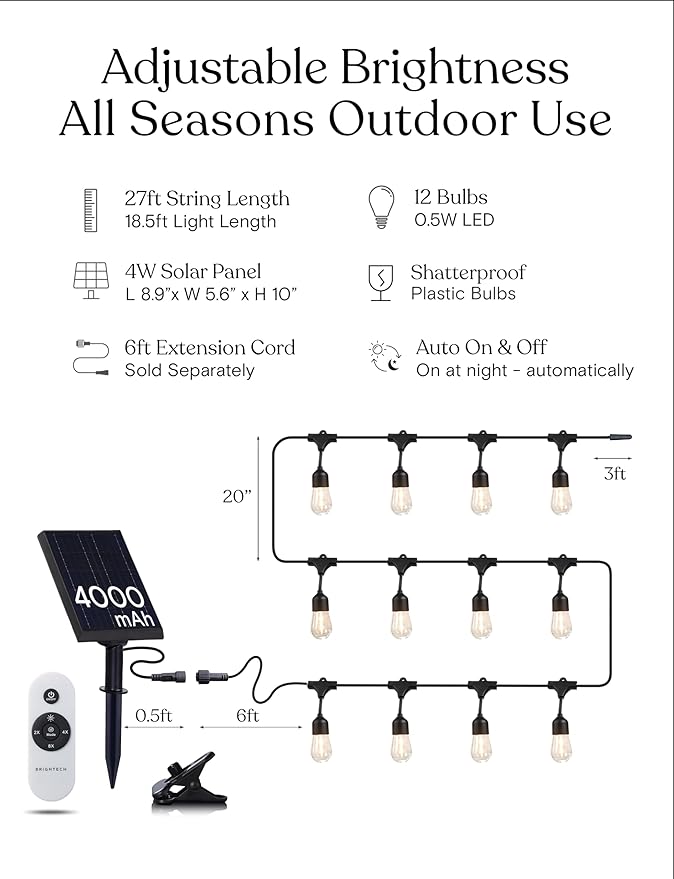 Brightech Ambience Pro Super Bright Solar - 27Ft Remote Control Outdoor String Lights, Shatterproof S14 Edison | Lumora