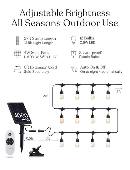 Brightech Ambience Pro Super Bright Solar - 27Ft Remote Control Outdoor String Lights, Shatterproof S14 Edison Bulbs, Commercial Grade LED, Waterproof Patio Lights for Deck, 4W Soft White, 12 Bulbs
