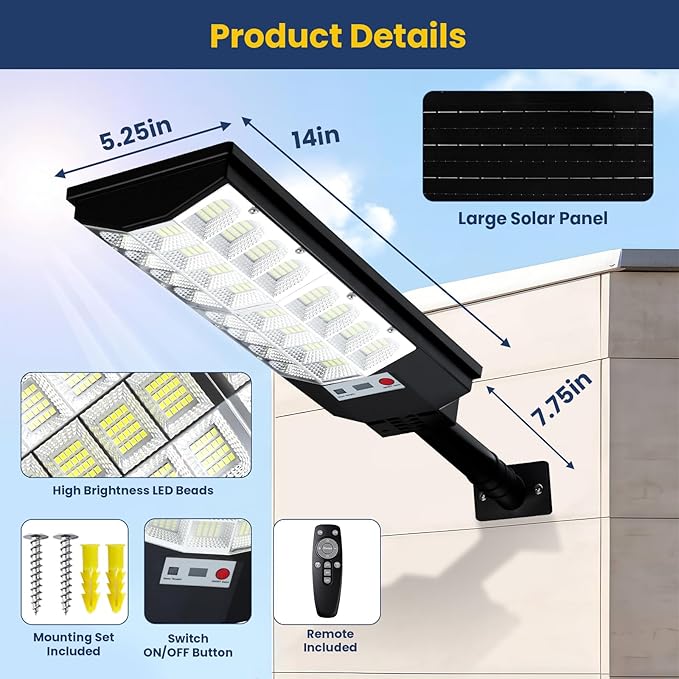 Solar Lights Outdoor Waterproof, 6500K 12000LM LED Dusk to Dawn Solar Street Light, Solar-Powered Flood Lights with Motion Sensor & Remote Control, Solares Parking Lot Light for Yard Walkway, 6-Pack