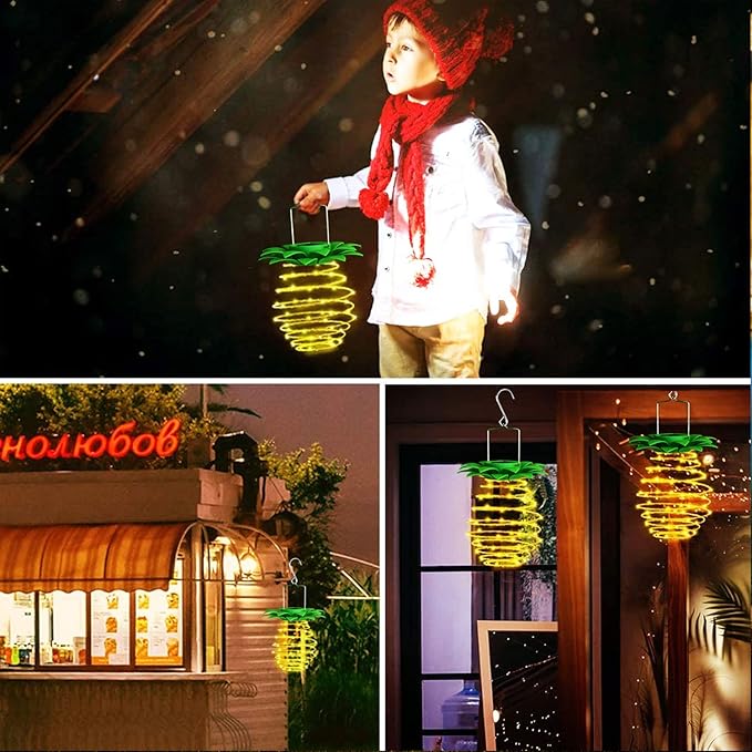 4Pack Solar Pineapple Lights Outdoor,60LED , Waterproof Hanging Pineapple Lanterns, Outdoor Pineapple Waterproof Lights Pathway Yard Lawn Walkway Decoration, Warm White (Upgraded)