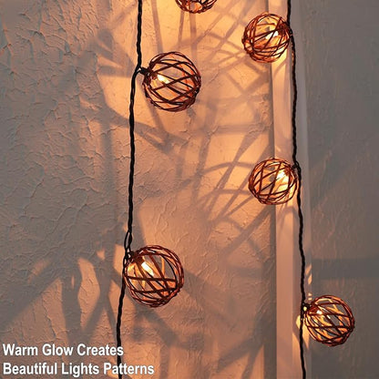 Outdoor Patio String Lights Plug in with 10 Incandescent Bulbs, Handwoven Natural Rattan Boho Decorative Lantern String Lights Connectable Weatherproof for Pergola, Porch, Mantel, Indoor Decor