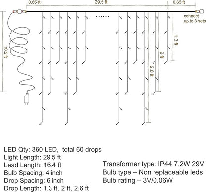 Dazzle Bright 360 LED Christmas Icicle Lights, 29.5 FT 8 Modes Curtain Fairy Lights with 60 Drops, Connectable Xmas String Lights for Outside Holiday Wedding Party Decorations (Warm White)