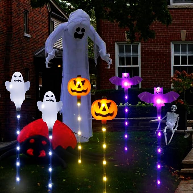 Halloween Decorations Outdoor Solar Pumpkin Bat Ghost Garden Stake Lights, 6-Pack 8 Modes Solar Halloween Lights | Lumora