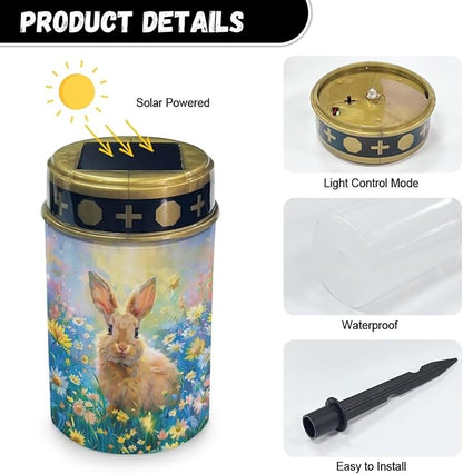 HUGS IDEA Cute Bunny Cemetery Solar Lights for Grave Floral Grave Decor Garden Ornaments Waterproof Solar-Powered Lights for Serene Yards, Patios & Spring Memorials