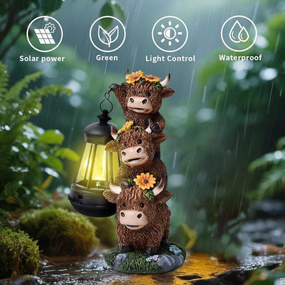 Solar Stacking Highland Three Cute Cow Garden Decor, Outdoor Statue Decorative Resin Light for Yard Decorations Lawn Patio Pathway