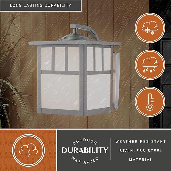 VAXCEL Mission 9.5 in. H 1-Light Stainless Steel Mission Outdoor Wall Sconce Made of Durable Steel, White Tiffany | Lumora