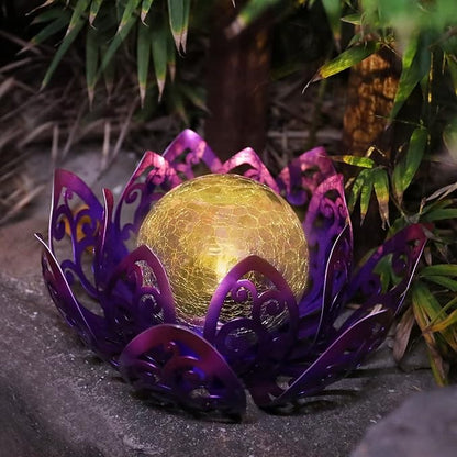 Bshine Solar Outdoor Garden Lotus Decorative Light, Waterproof Metal Cracked Glass Globe LED Lotus Light for Tabletop Decor, Walkway, Lawn Ornaments and Garden, Housewarming Gift (Purple)