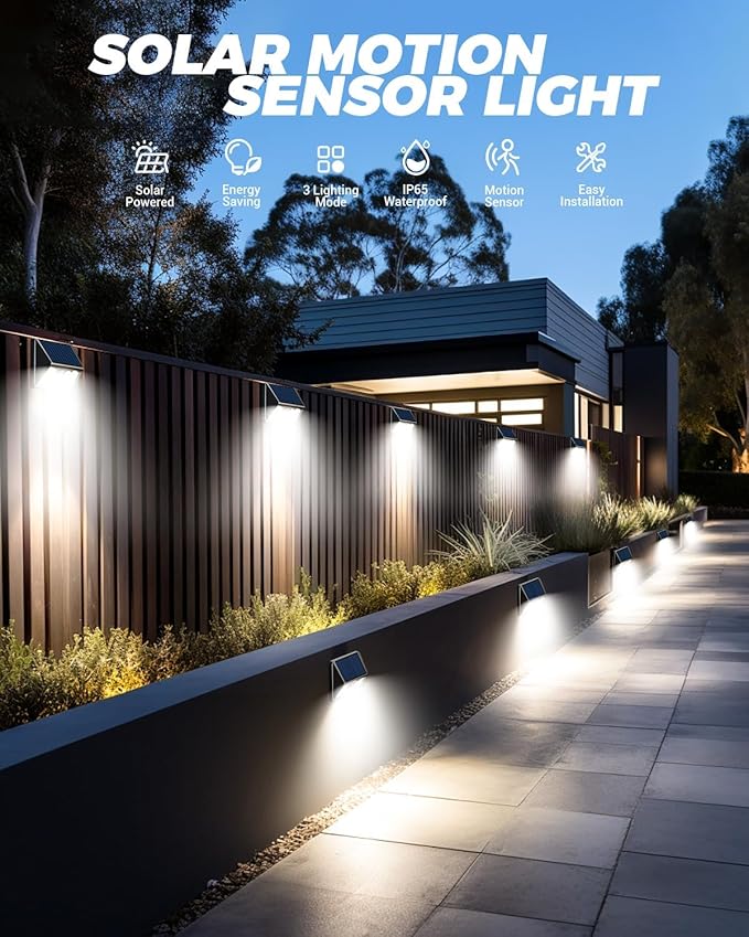 4 Pack Solar Motion Lights Outdoor, Waterproof Fence Lights Solar Powered with 3 Lighting Mode, Cold White LED Step | Lumora