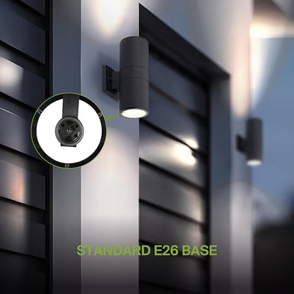 ASD 2 Light Outdoor Wall Light Fixture | 120W E26 Bulb Socket 120V ETL Cylinder Up Down Lights | LED/CFL/Incandescent Bulb Exterior Wall Sconce | Front Door, Porch, Patio Lighting | Black, 2 Pack