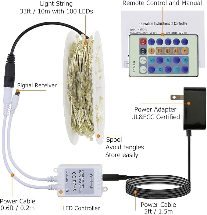 RUICHEN Dimmable Purple Fairy Lights Plug in, 33 Ft 100 LED Twinkle String Lights with Remote, Waterproof Silver Wire Lights for Christmas Halloween Party Bedroom Patio Garden