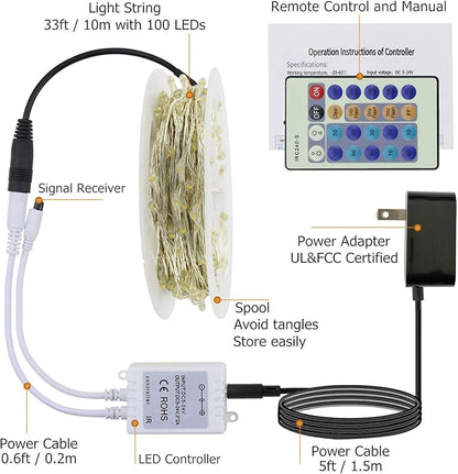 RUICHEN Dimmable Purple Fairy Lights Plug in, 33 Ft 100 LED Twinkle String Lights with Remote, Waterproof Silver Wire Lights for Christmas Halloween Party Bedroom Patio Garden