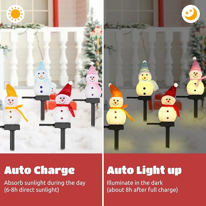 4 PCS Solar Snowman Light Decorations, Solar Christmas Snowman Stake Light, Outdoor Waterproof Solar Powered Garden Snowman Lights, Christmas Yard Decor, Decorative Pathway Light