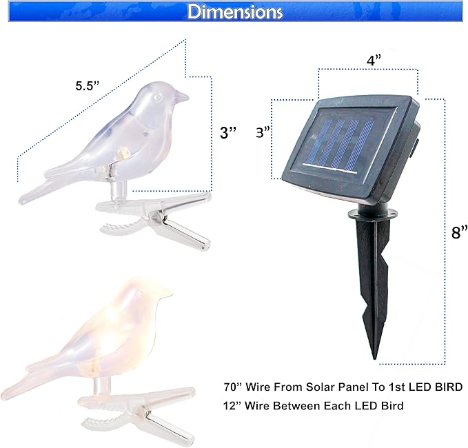 5 STAR SUPER DEALS Solar LED Bird Clip On String Lights - 5PC Set - Solar Powered Decorative Lights for Garden, Balconies, Trees, Bird Baths, Pathways & Fences