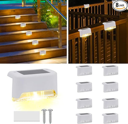 8 Pack Solar Deck Lights Outdoor Small Waterproof LED Step Lamp Outside Decoration Lighting for Stairs, Railing, Fence, Patio, Pool, Balcony, Retaining Wall, Patio, No Drill Instal(White Shell)