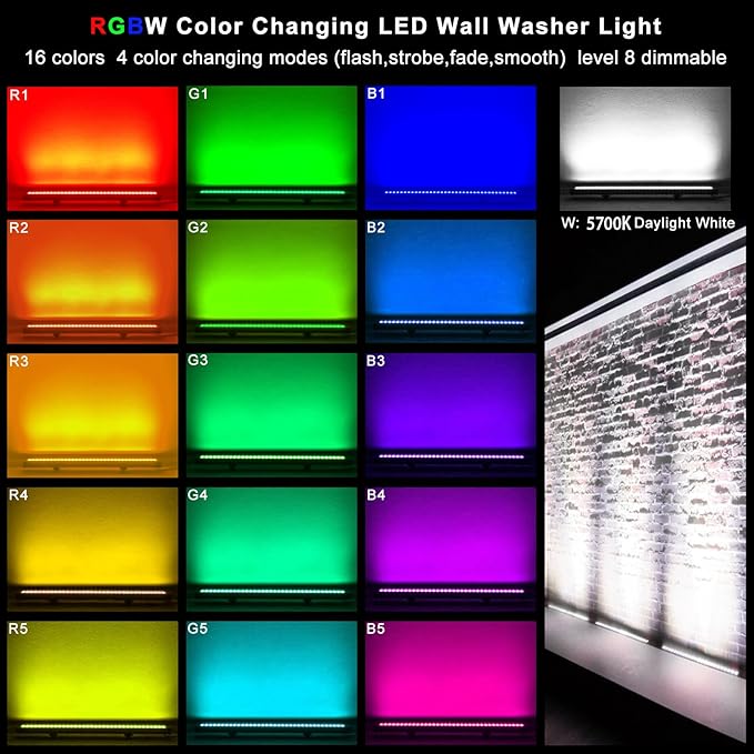 LED Wall Washer Light with RF Remote, 144W Color Changing Linear Wall Light Bar, 120V Waterproof Dimmable RGBW | Lumora