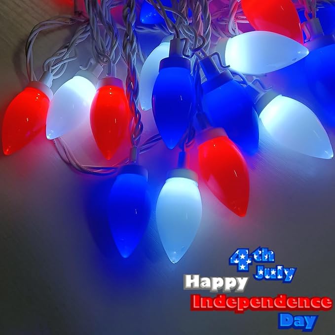 Red White and Blue Lights C9 25Ft 4th of July Decorations with 25 LED Patriotic String Lights, Plug-in Christmas Light for Home Presidents Day Memorial Day Fourth July Christmas Decor