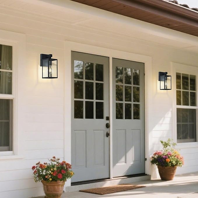 LALUZ Black Outdoor Wall Lights, Modern Farmhouse Rectangle Porch Lights Outdoor Wall with Clear Glass, Waterproof Anti-Rust Exterior Outside Sconce Lighting Light Fixtures for House Patio Garage