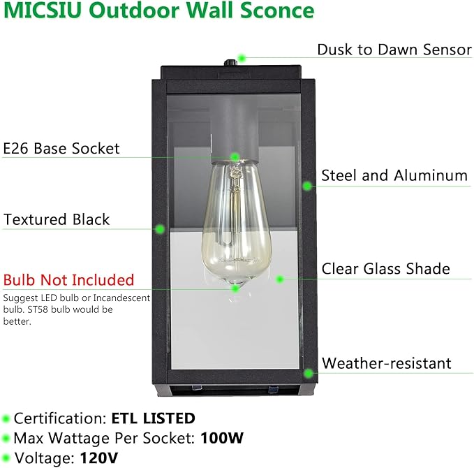 MICSIU Dusk to Dawn Outdoor Wall Light, 11.25 Inch Black Exterior Wall Sconce with Clear Glass, Modern Farmhouse Outside Porch Lights for House Garage Entryway, E26 Base 100W Max, ETL Listed