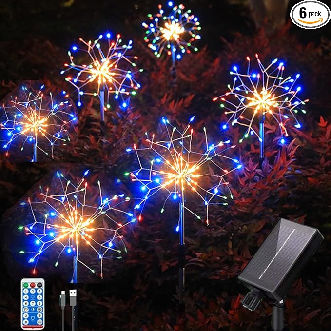 6 Pack 900 LED Outdoor Solar Ground Inserted Colorful Fireworks Lights with Telecontrol, Waterproof Solar&USB Powered Courtyard Lights,8 Modes DIY Light.