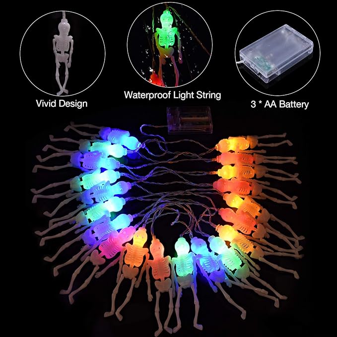 Skeleton Lights Halloween String Lights - 10Ft 20LEDs Skeletons Halloween Lights Decoration, 2 Lighting Modes | Lumora